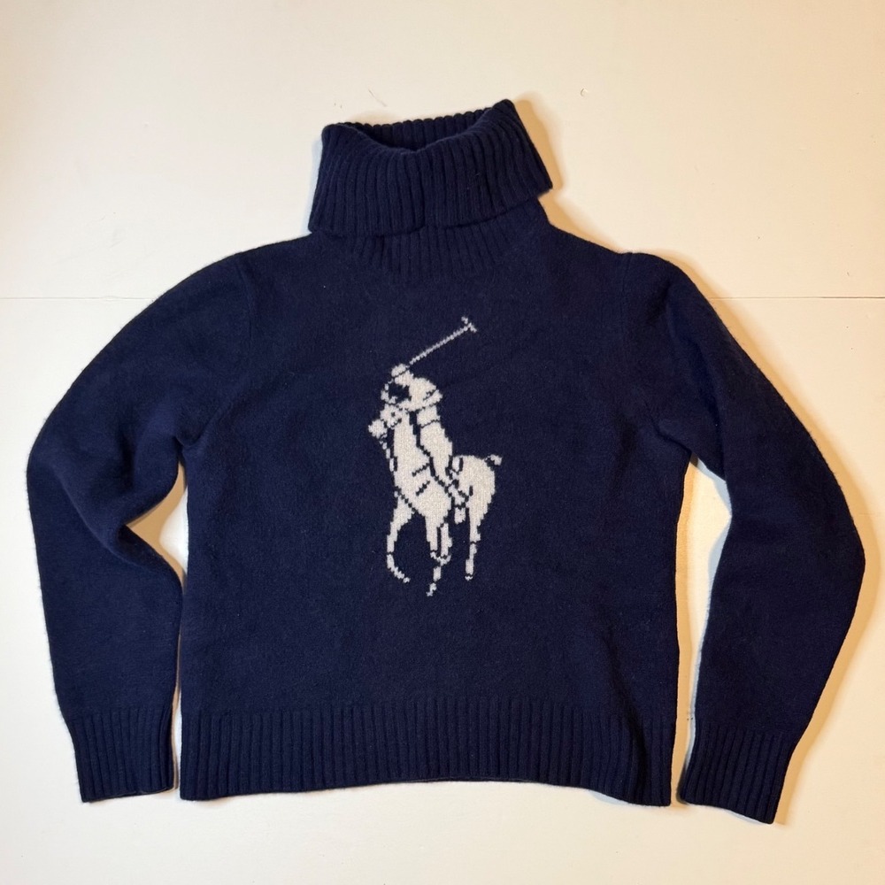 Polo Ralph Lauren Wool Turtleneck Big Pony Sweater Womens Size M Navy Blue